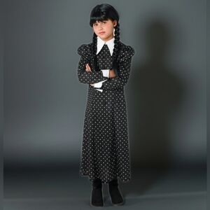 Wednesday Adams Black Polka Dot Long Sleeve Girl Dress Custom Playdate Halloween